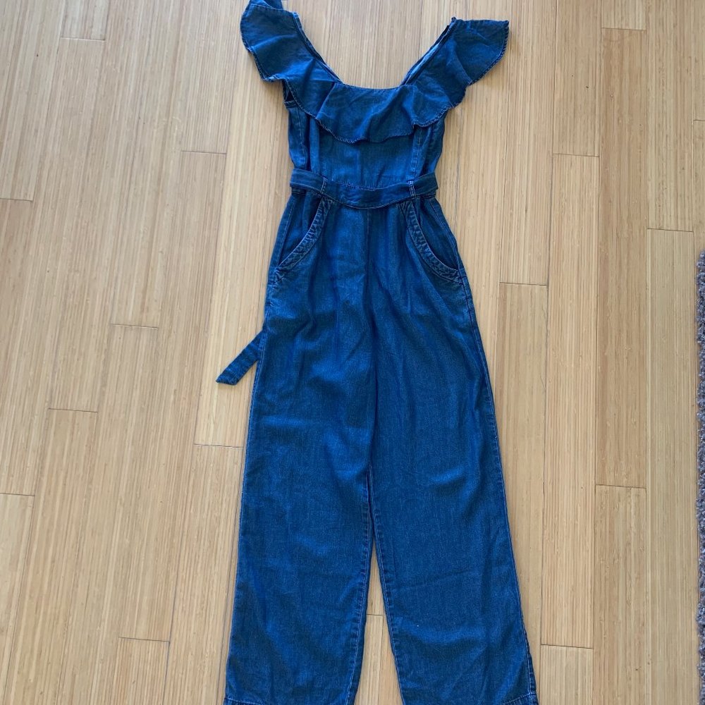 Amour Vert Denim Ruffle Jumpsuit